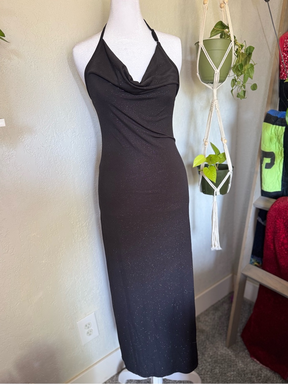bebe Black Sparkle Halter Cowl Maxi Dress